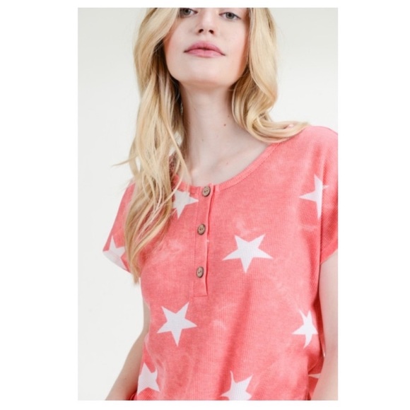 (95)New Casual Star Print Short Sleeve Top With Front Tie Hem - Picture 9 of 9